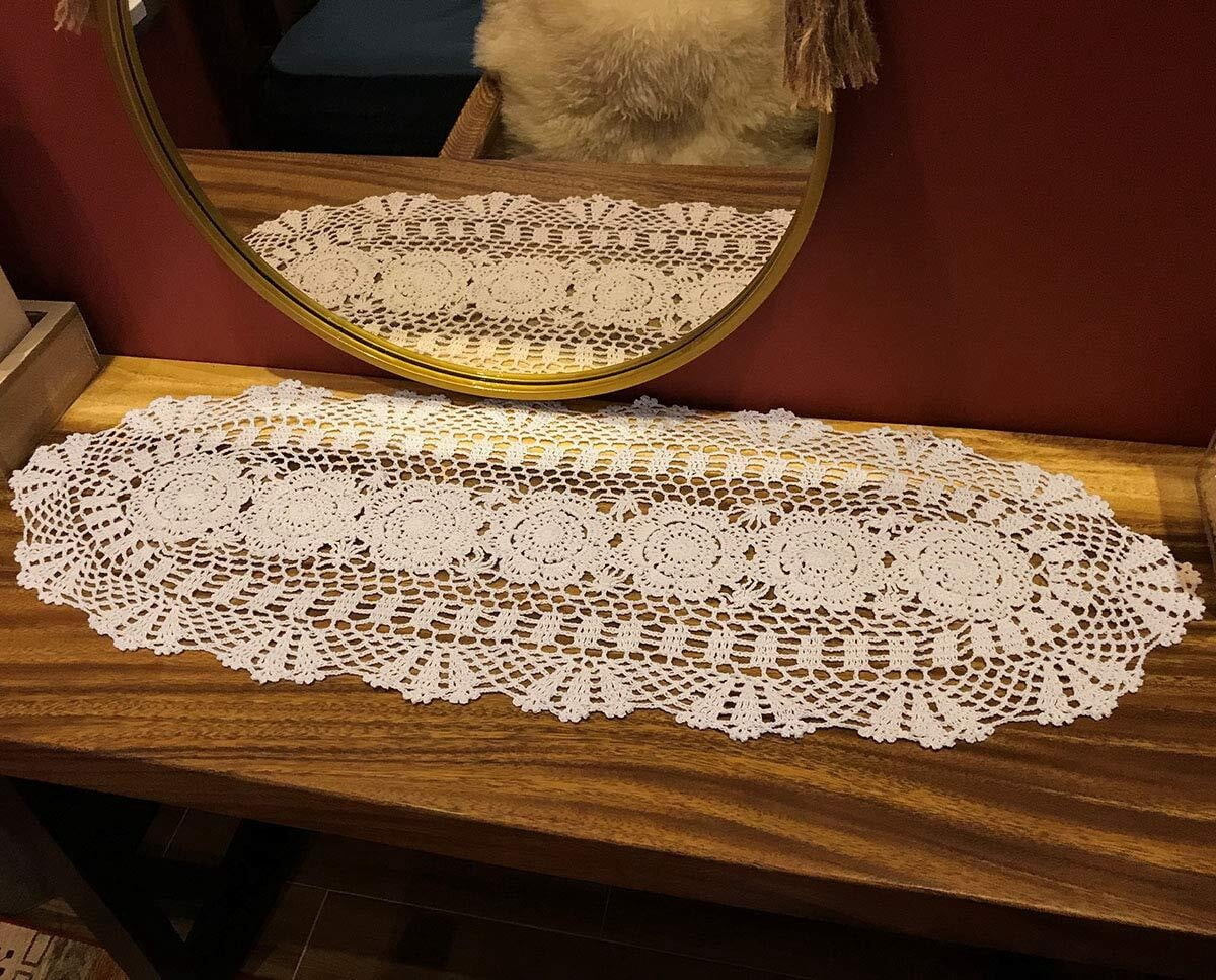 Handmade Crochet Cotton Table Runner Lace Doilies Doily Oval Dresser Scarves,11.8 by 35 Inches.