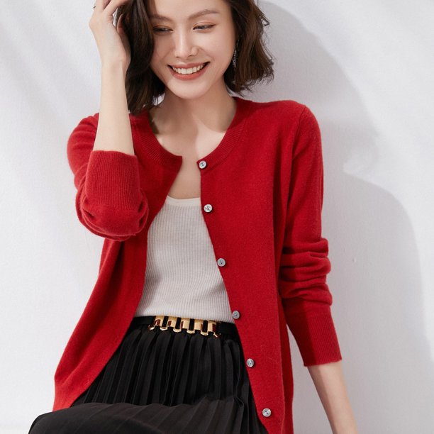 Cárdigan de punto de primavera para mujer, cárdigan de cuello redondo de color liso con diseño de botones para mujer, suéter de color liso para mujer