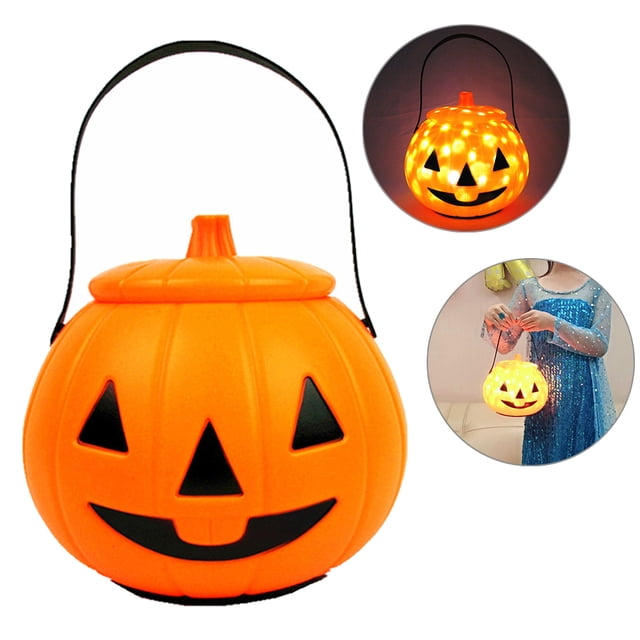 Cubo de calabaza de Halloween con luces LED y sonido, cesta de calabaza con asa, cubo de dulces de Halloween, decoración para fiestas