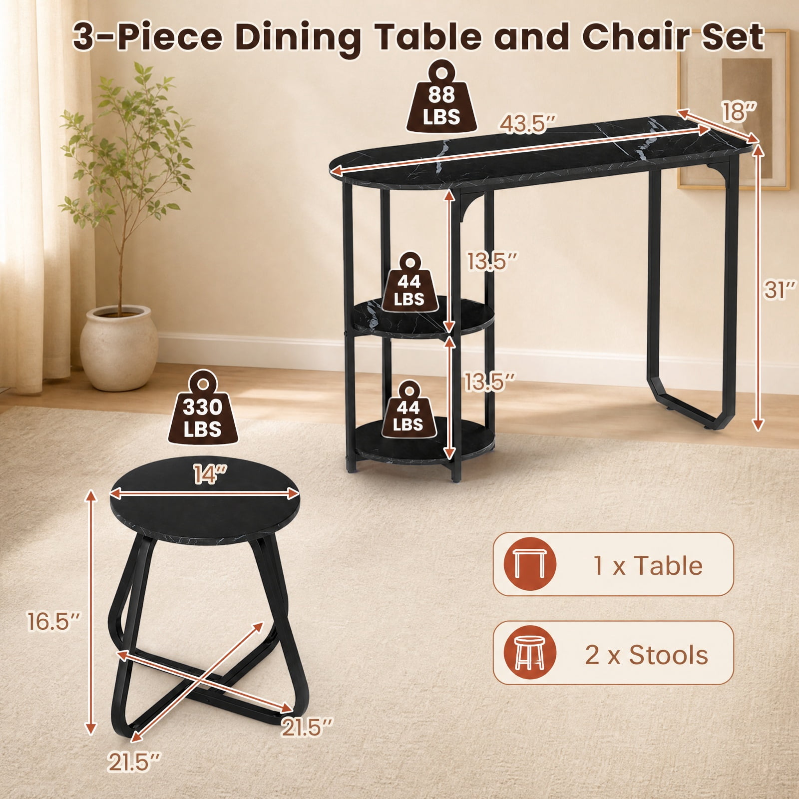 Furnibear 3 Piece Industrial Dining Table Set for Small Space with 2 Stools and Side Shelves for Kitchen and Apartment, Black