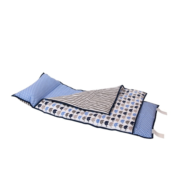 Bacati - Toddlers Daycare/Sleepover Nap Mat with Pillow & Blanket, Elephants Blue/Grey