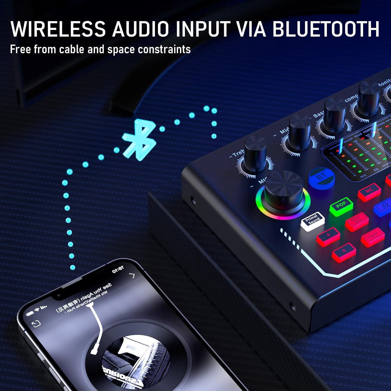 Live Sound Card, Wireless Bluetooth Audio Mixer, Podcast Audio Mixer with RGB Colorful Buttons, All-in-One Podcast DJ Device Live Broadcast Sound Card for PC Phone Karaoke Singing Gaming (Black)