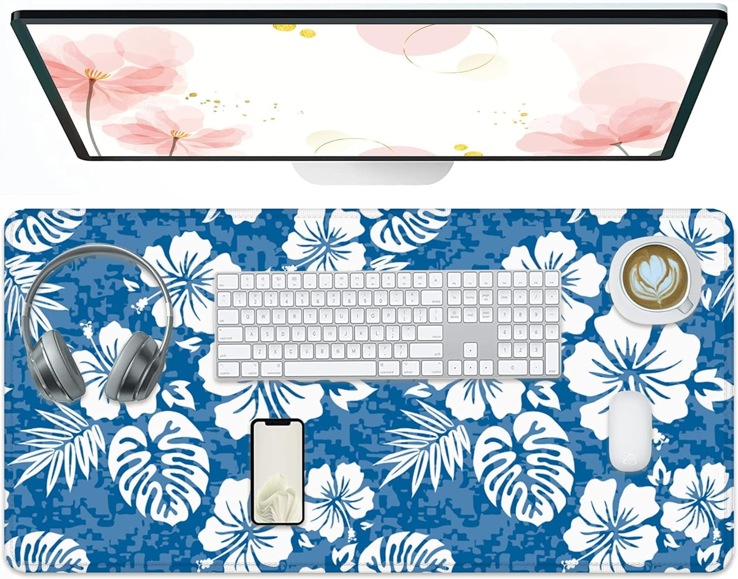 Hibiscus Flowers Large Mouse Pad, Aloha Tropical Hawaii Hibiscus Floral Camo Gaming Mouse Pad,Computer Desk Mat Keyboard with Non Slip Base for Home Office,Extended Large Size 31.5" X 15.7"