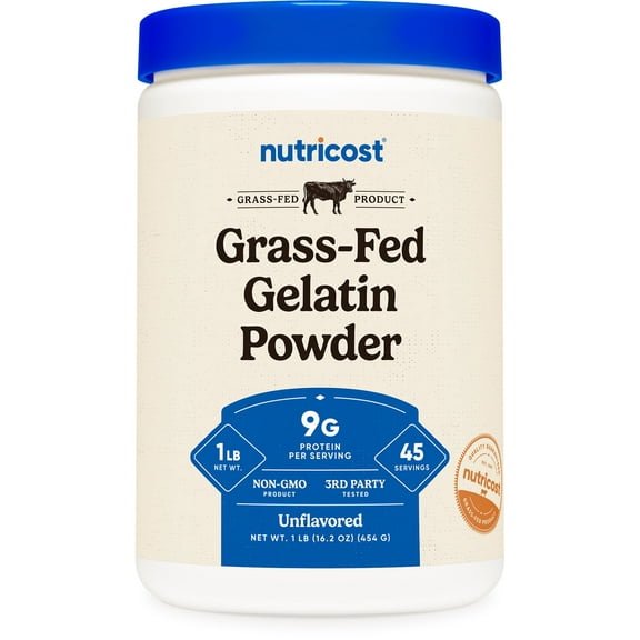 Nutricost Grass-Fed Beef Gelatin Powder (1 LB) Unflavored - 9g of Protein per Serving, GMO-Free, Gluten-Free, 45 Servings