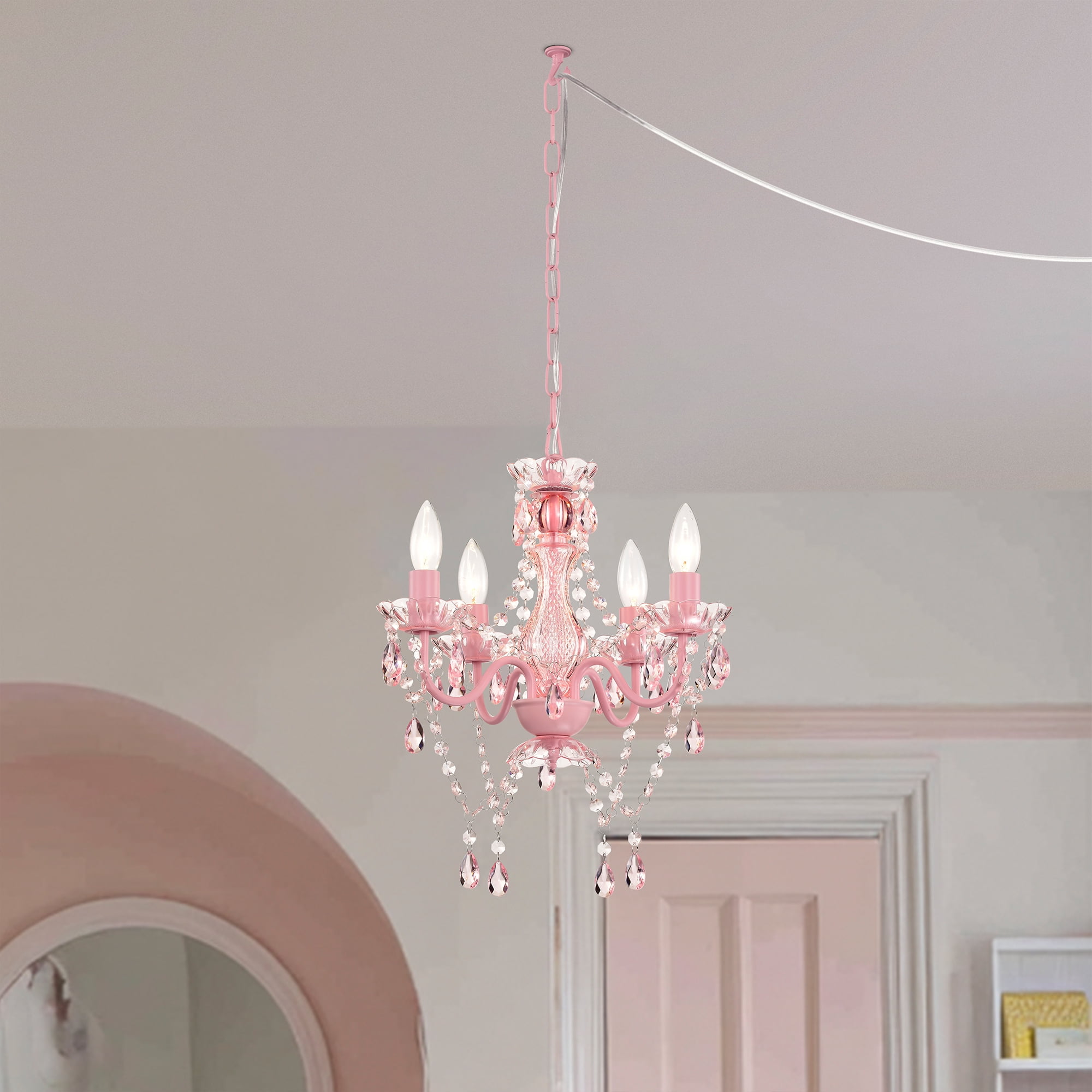 LALULA Modern Pink Finish Plug-In Crystal Chandelier 5-Light Acrylic Hanging Light Fixture with Cord for Bedroom Dining Room