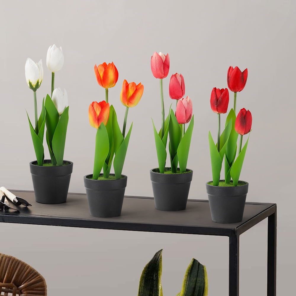 4-pcs Faux Tulip Decoration with Clay Plastic Pot 11.2 Inch Small Tulip Center Ornament Fake Potted Flowers Suitable for Shelf Tables Centerpiece Wedding Home Decoration
