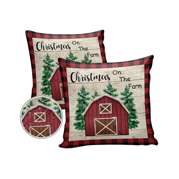 Pack of 2 Outdoor Pillow Covers, Christmas on the Farm Red Barn Buffalo Check Waterproof Square Throw Pillowcase Cushion Decorative Pillow Covers for Couch Patio Tent, 20x20 in