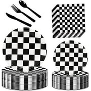 Black & White Checkered Race Car Party Supplies (150Pcs): 9"/7" Plates, Flag Napkins, Utensils. For Race Car Themed Birthday. (Household Cleaning Products & Supplies)