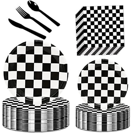 Black & White Checkered Race Car Party Supplies (150Pcs): 9"/7" Plates, Flag Napkins, Utensils. For Race Car Themed Birthday. (Household Cleaning Products & Supplies)