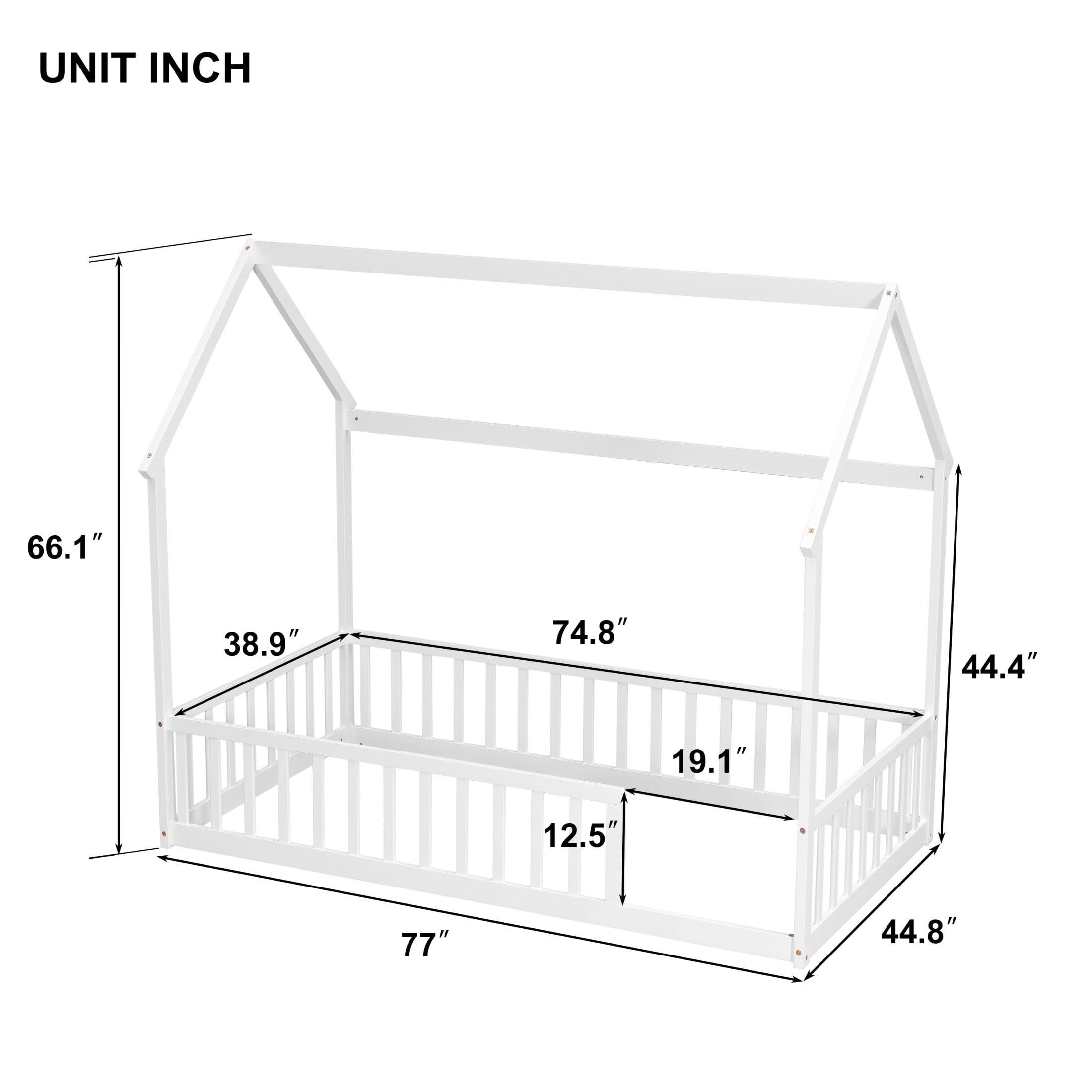 Noble House Morde Twin Size House Floor Bed with Gable Roof Frame & Safety Guardrails, Pine Wooden Bed Frame, White