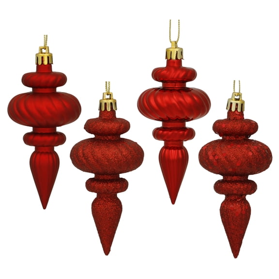 Vickerman 4" Red 4-Finish Finial Ornament, 8 per Box. Made of shatterproof plastic.
