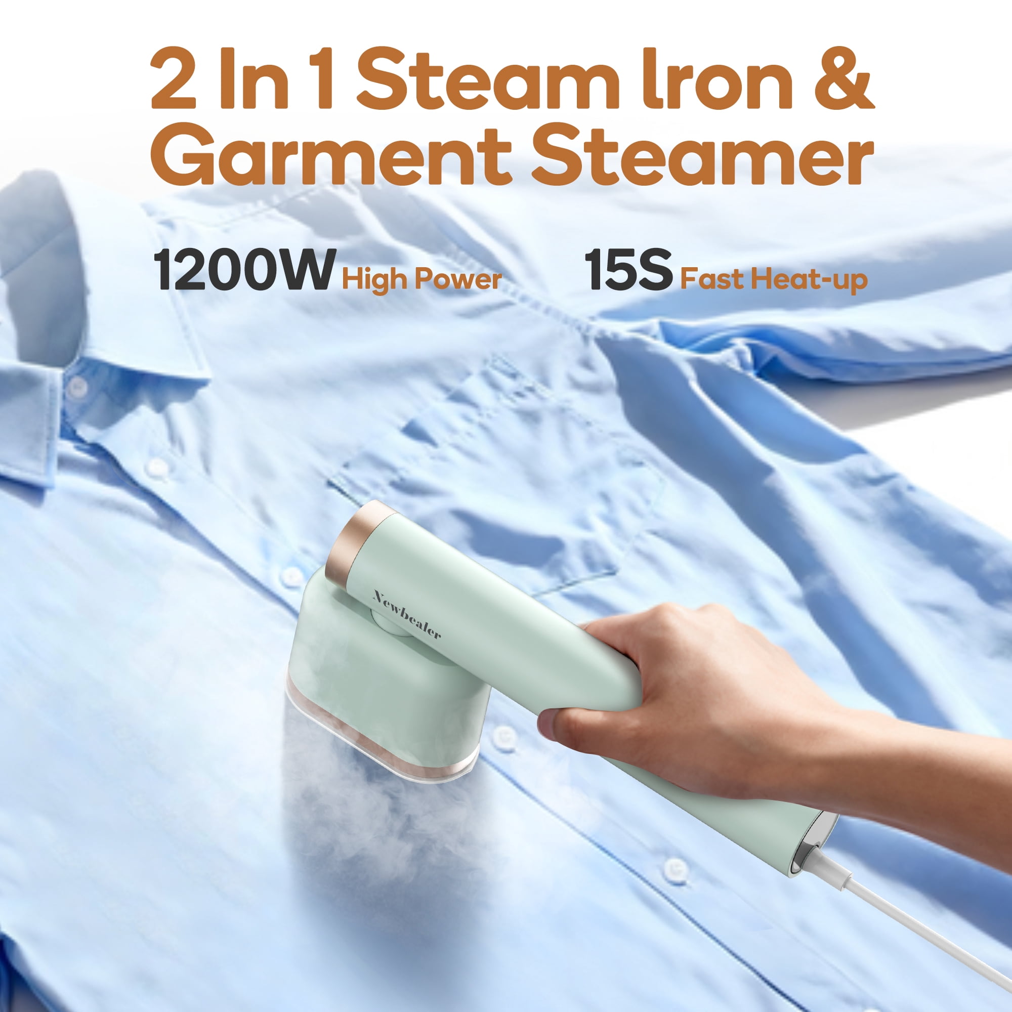 Newbealer Portable Steamer for Clothes, Leak-Proof Handheld Garment Steamer & Iron,15s Fast Heat-up, 120ml Compact Water Tank, Lightweight for Suitcase & Carry-on,Mint Green​
