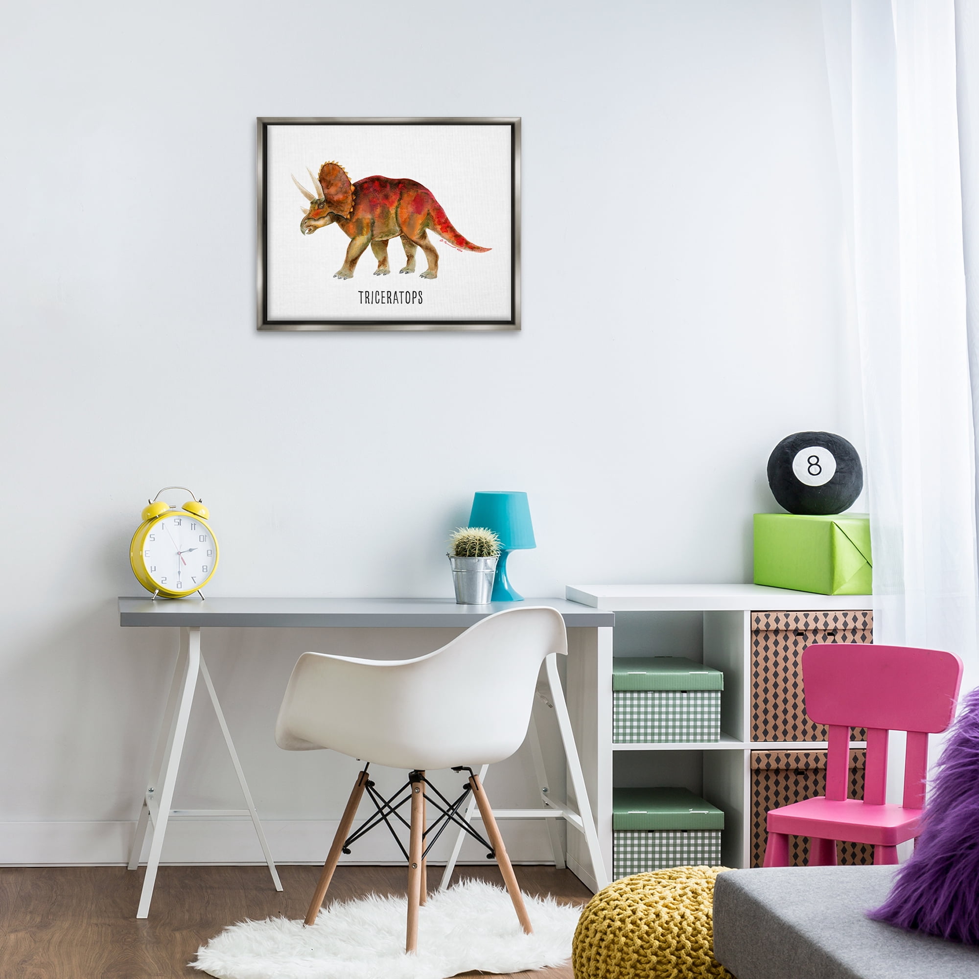 Stupell Industries Triceratops Dinosaur Learning Animals Painting Gray Floater Framed Canvas Art Print Wall Art, 21 x 17