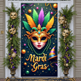 thumbnail image 5 of Golden Mask Mardi Gras Banner Green Yellow Feathers Carnival Display Colorful Balloons Triangular Flags Festival Backdrop for Mardi Gras Party Carnival Celebration Masquerade Ball, 5 of 9