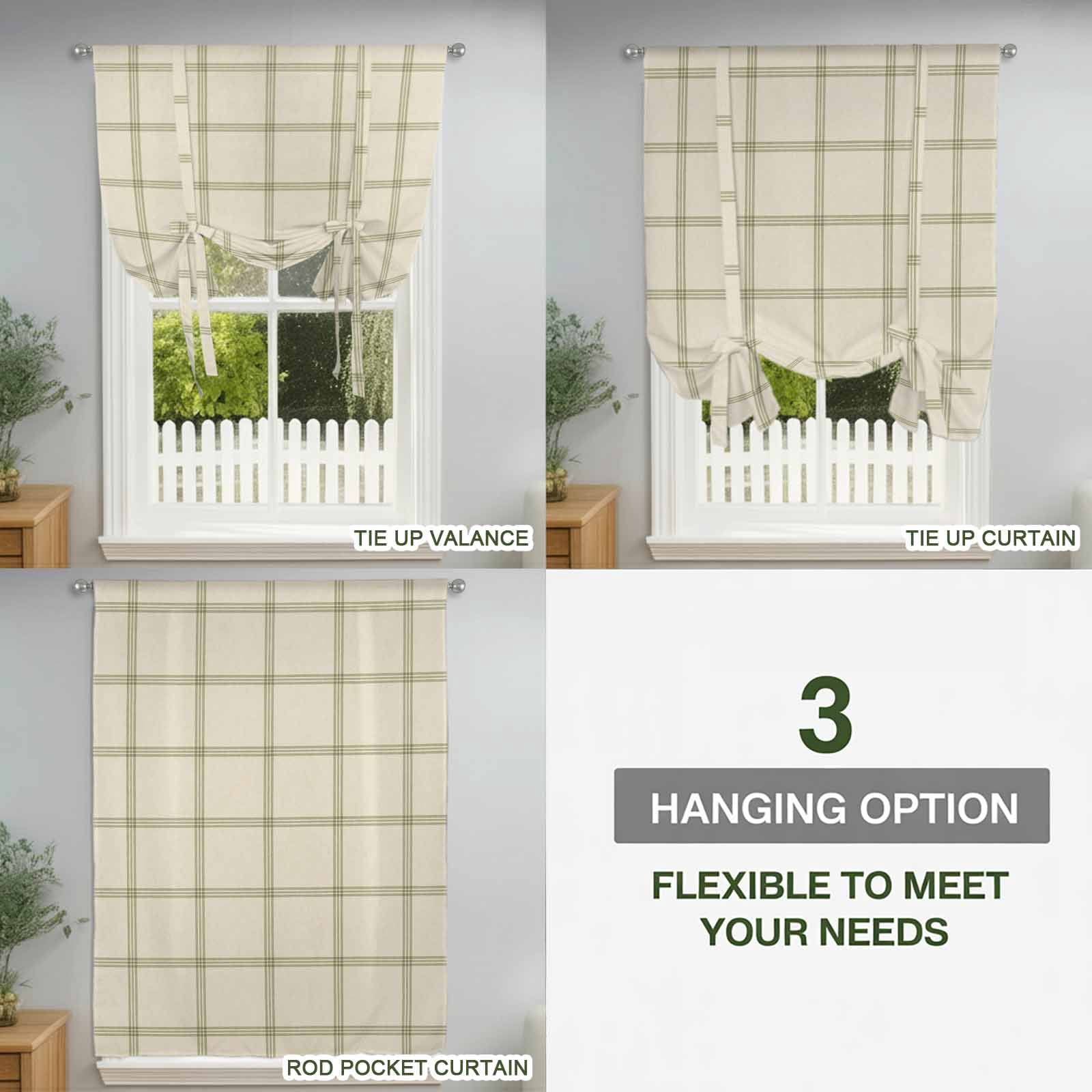 Beige Plaid Balloon Curtains for Bedroom/Front Door/Bathroom, Vintage Grid Stripe Minimalist Art Linen Tie Up Curtains 63 Inch Length Light Filtering Kitchen Curtains Shades for Windows 46"x63"