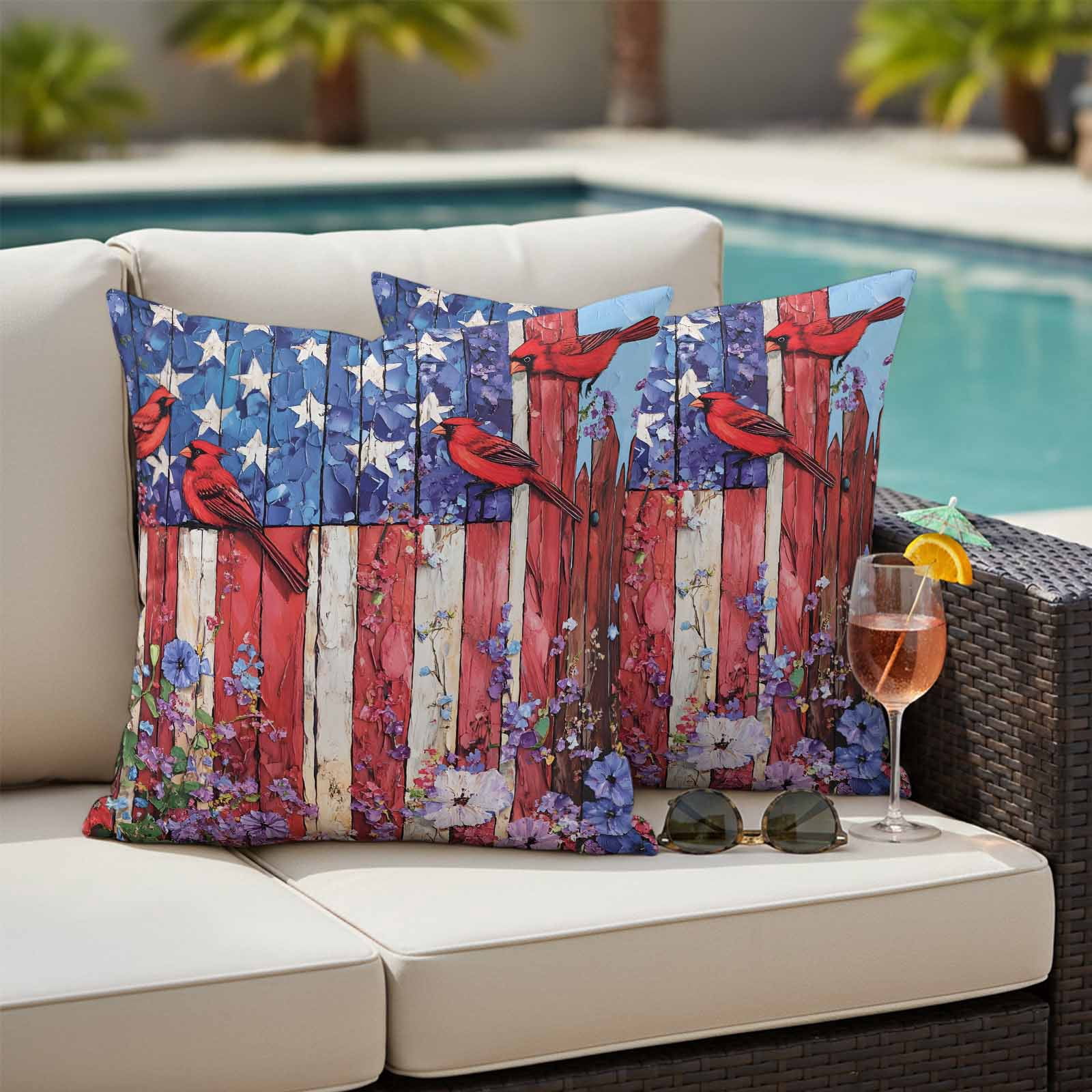 Cardinal Bird Flower Pillow Covers 2 Pack 4th of July Pillowcase Waterproof Outdoor Throw Pillow Cover for Patio Garden Square Cushion 18”x18”