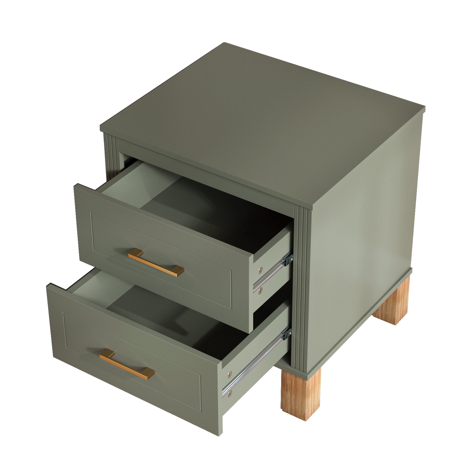 Leumius Nightstand for Bedroom,Wood Bedside Table with 2 Drawer & Solid Wood Legs,Small Storage Cabinet for Living Room,Olive