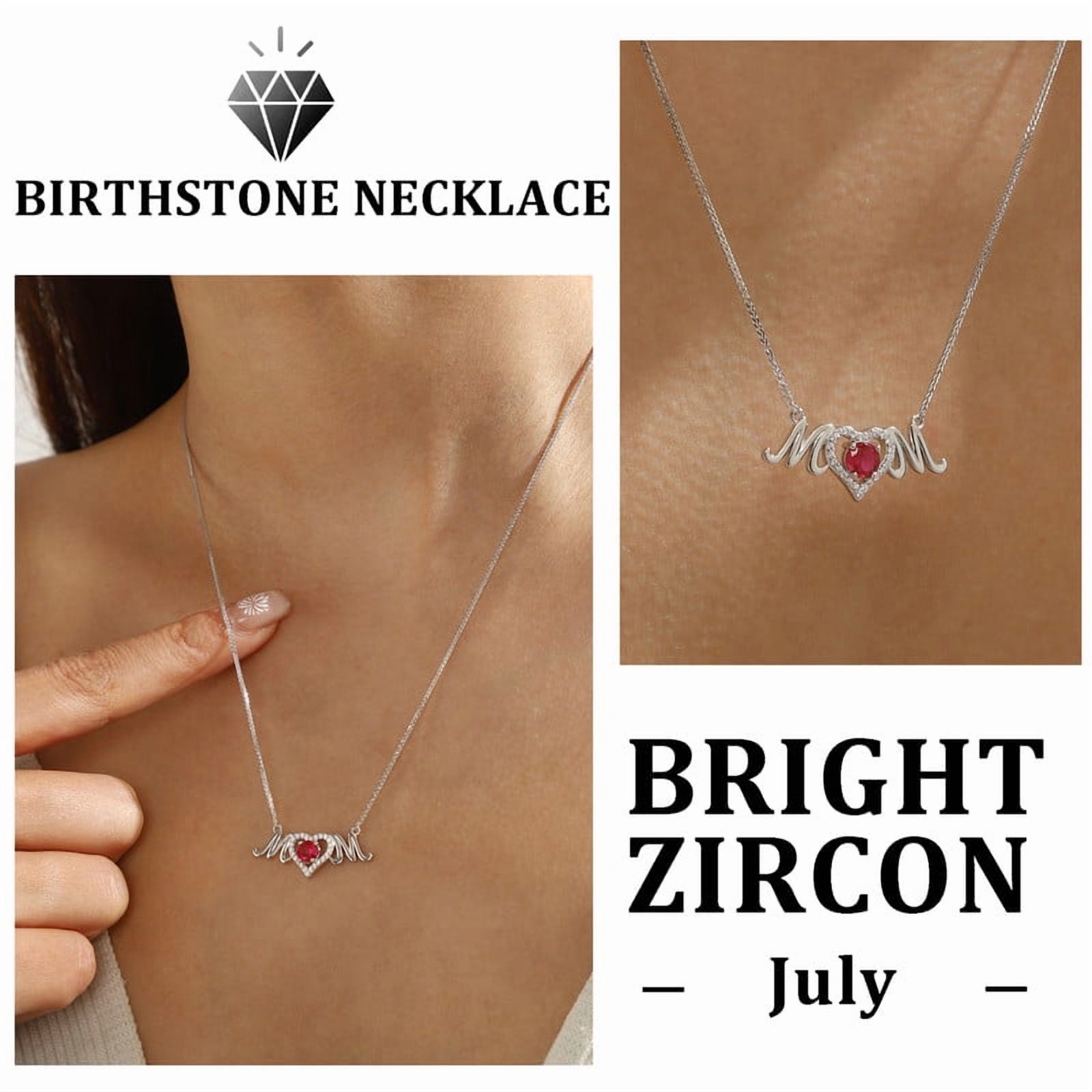 Beautlace Mom Pendant Necklace 925 Sterling Silver Love Heart July Ruby Birthstone Necklace Mother's Day Birthday Jewelry Gifts for Mom Women Grandma