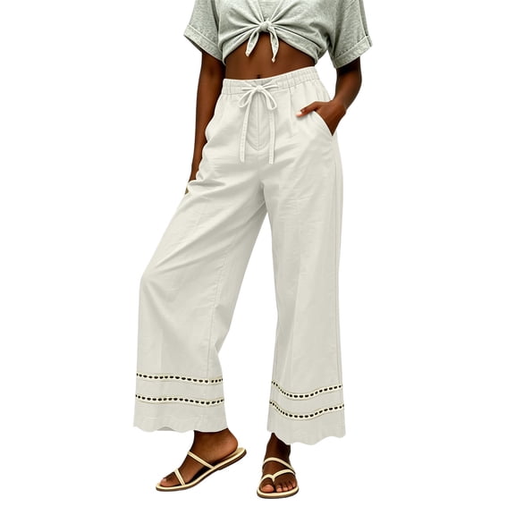 Karymi Running Shorts for Women Elastic Drawstring High Waist Wide Leg Pants, Solid Double Layer Hollow Eyelet Lace Trim Hem Full Length Trousers with Pockets Women's Shorts