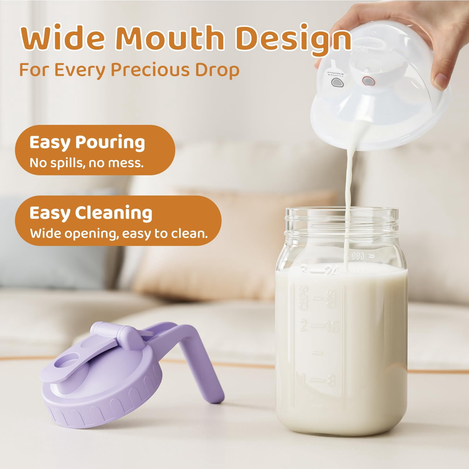 Breast Milk Pitcher  Mason Jar 32 Oz Heavy Duty Wide Mouth With Purple Flip Cap Lid And Pour Spout Formula Airtight Seal For Freshness Convenience Great Cold Beverages