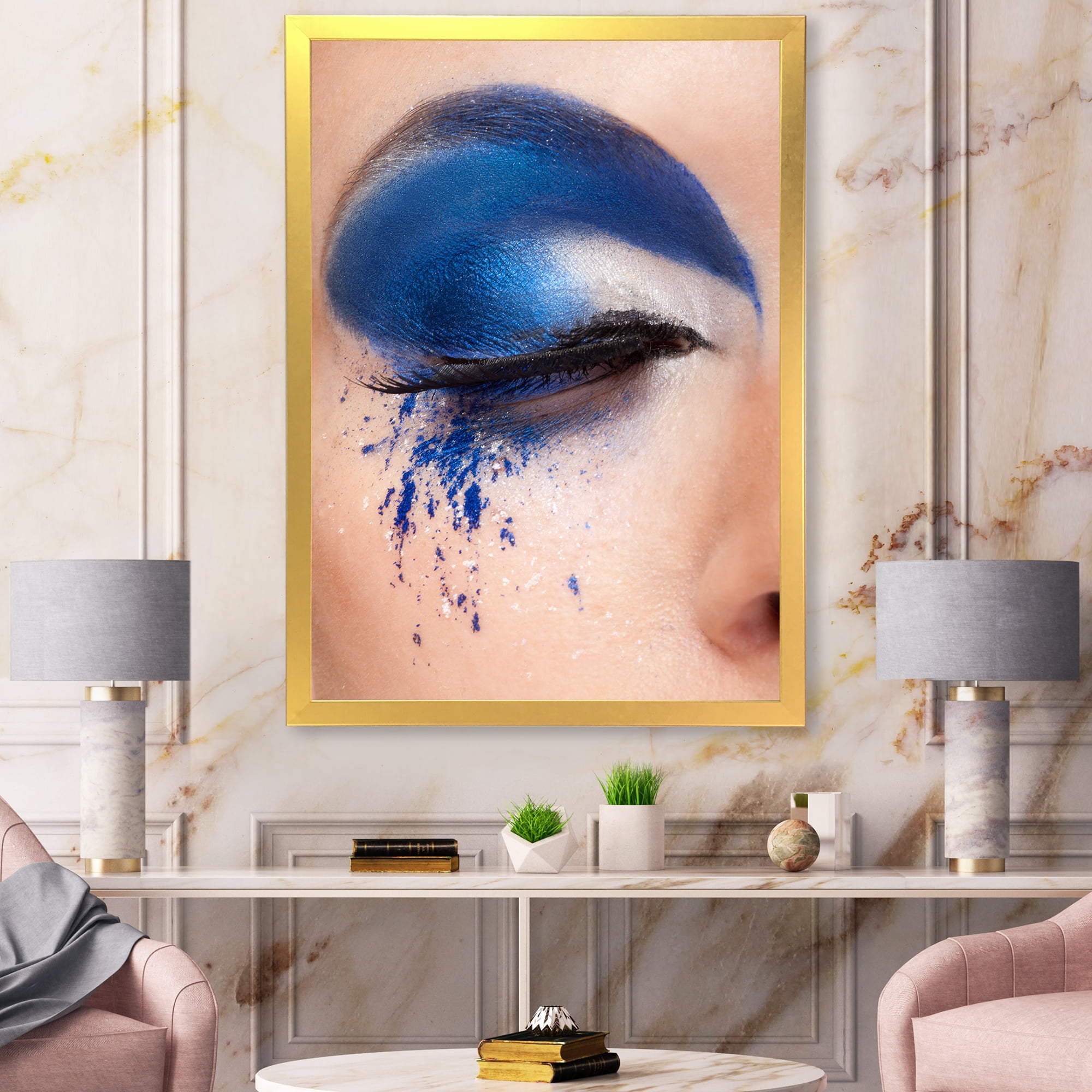 Designart 'Closed Woman Eye With Blue Fantasy Make Up' Modern Framed Art Print