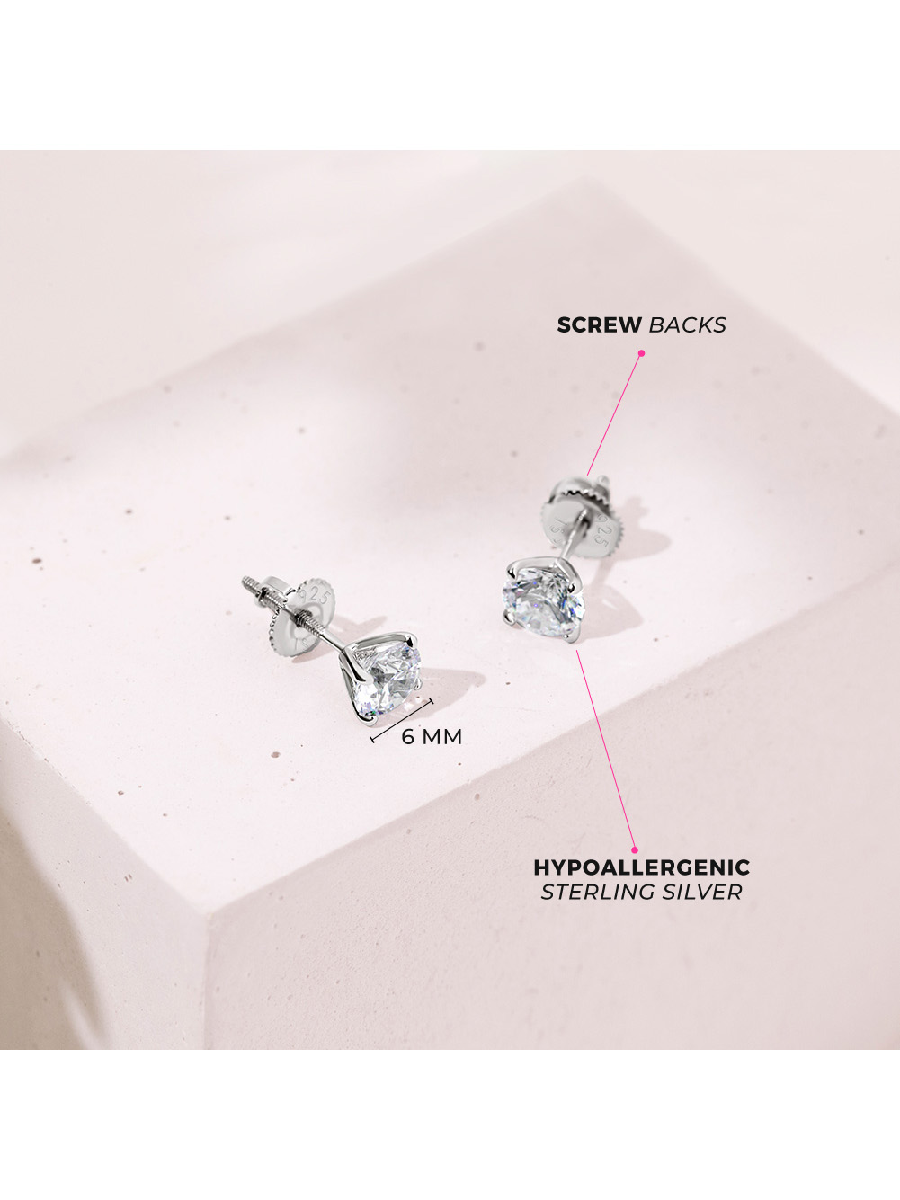 6mm CZ Prong Set Children's / Kids / Teens Earrings Screw Back - Sterling Silver