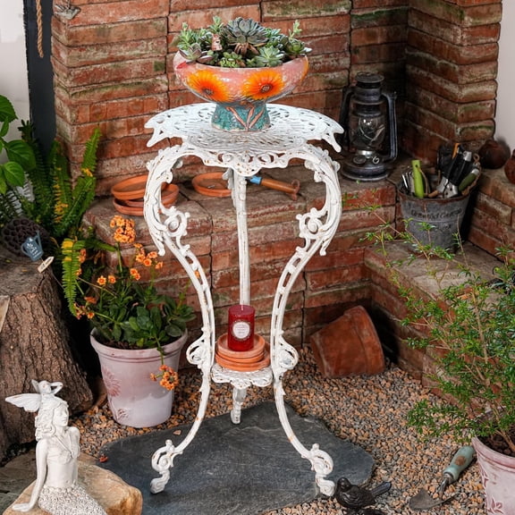 Sungmor Cast Iron Plant Stand, Patio Side Table, 2-layer Potted Pedestal, Vintage Rust White Flower Pot Holder, 15.3" x 27.5", 1 Count