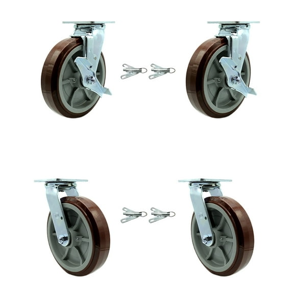 8 Inch Polyurethane Caster Set with Ball Bearings 4 Swivel Lock 2 Brake SCC