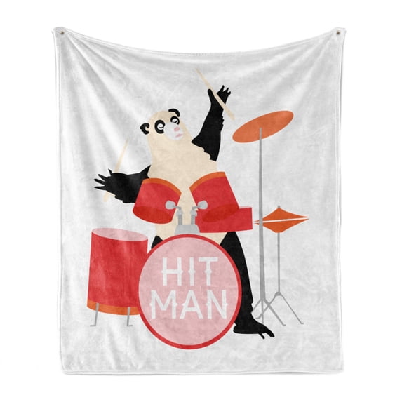 Drums Soft Flannel Fleece Blanket, Print of a Whimsical Panda Playing Musical Instruments with Hit Man Typography, Cozy Plush for Indoor and Outdoor Use, 50" x 60", White Multicolor, by Ambesonne