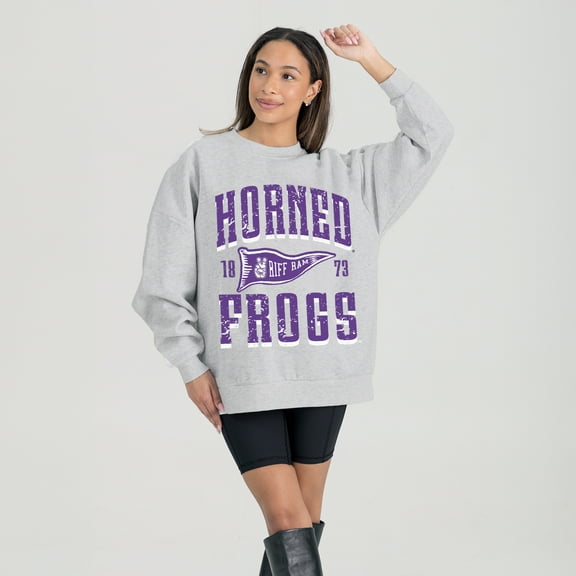 Women's Gameday Couture Ash TCU Horned Frogs Oversized Pennant Pride Premium Fleece Sweatshirt