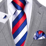 Barry.Wang Men's Ties Formal Stripe Necktie Set with Handkerchief Cufflink Silk Woven