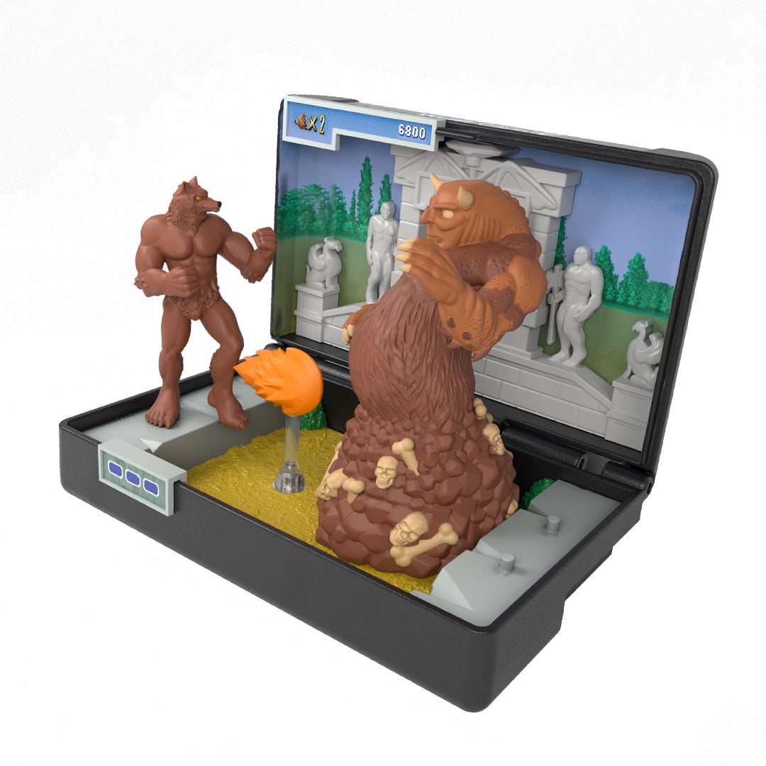 Console Heroes : Diorama de collection Altered Beast – Mini figurines de loup-garou et d'Aggar avec scène de boss du cimetière – Présentoir de cartouches rétro Sega Genesis – 8 ans et plus