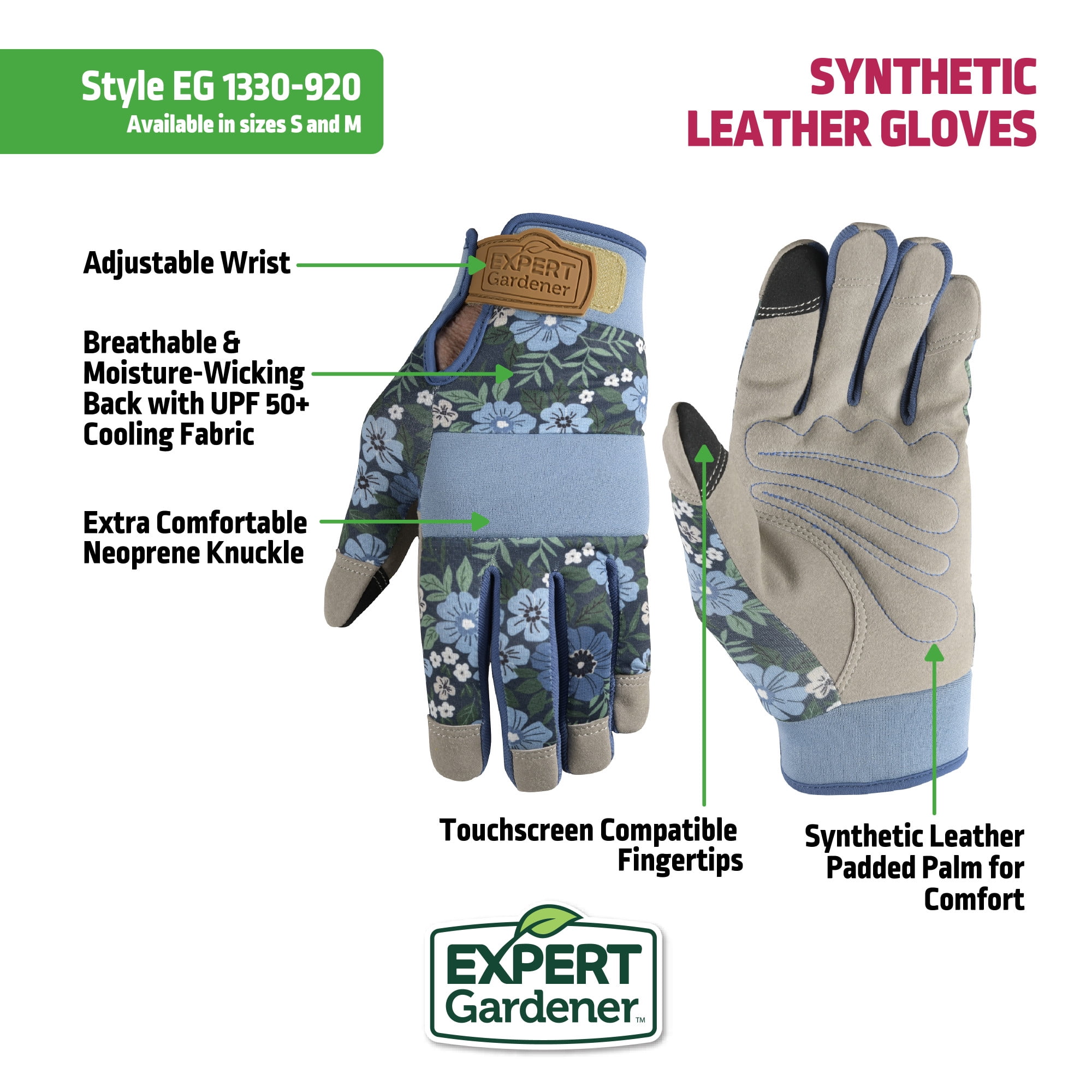Expert Gardener Womens Cooling, Adustable Wrist, Synthetic Leather Gardening Gloves, Size M