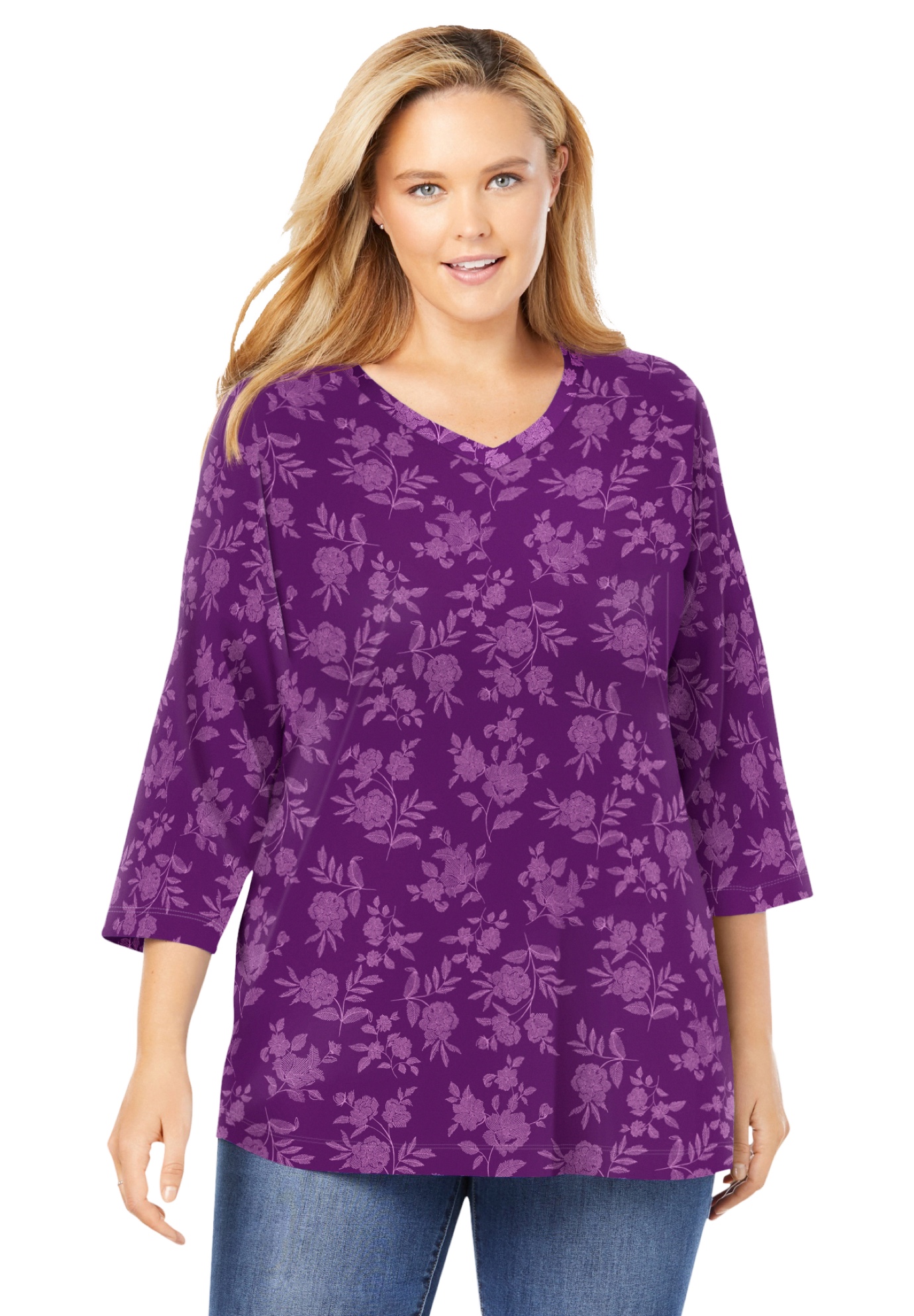 Woman Within Womens Plus Size Perfect Printed Three-Quarter Sleeve V-Neck Tee Shirt