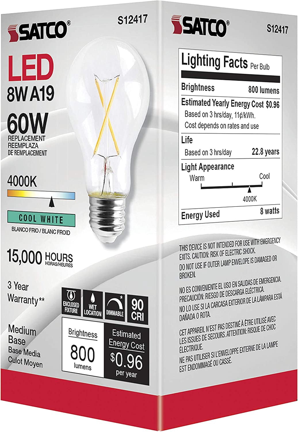 SATCO S12417 8W 120V LED A19 Bulbs E26 Base 4000K High Lumen  Dimmable (6 Pack)