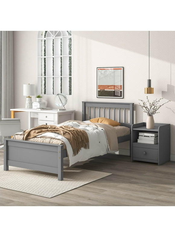 Royard Oaktree Twin Size Wood Bed Frame with Headboard and One Nightstand 2-Pieces Bedroom Set with Twin Bed and Nightstand, Grey