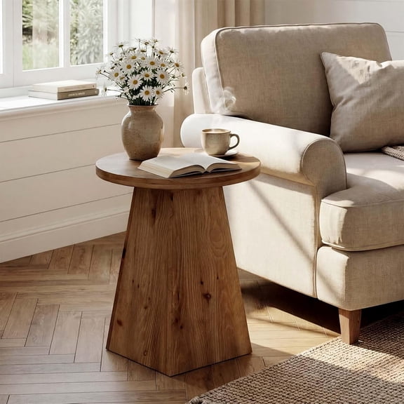 Finmind 19" Round Solid Wood End Table with Trapezoid Base, Farmhouse Side Table for Living Room, Small Spaces, Easy Assembly, Vintage Brown