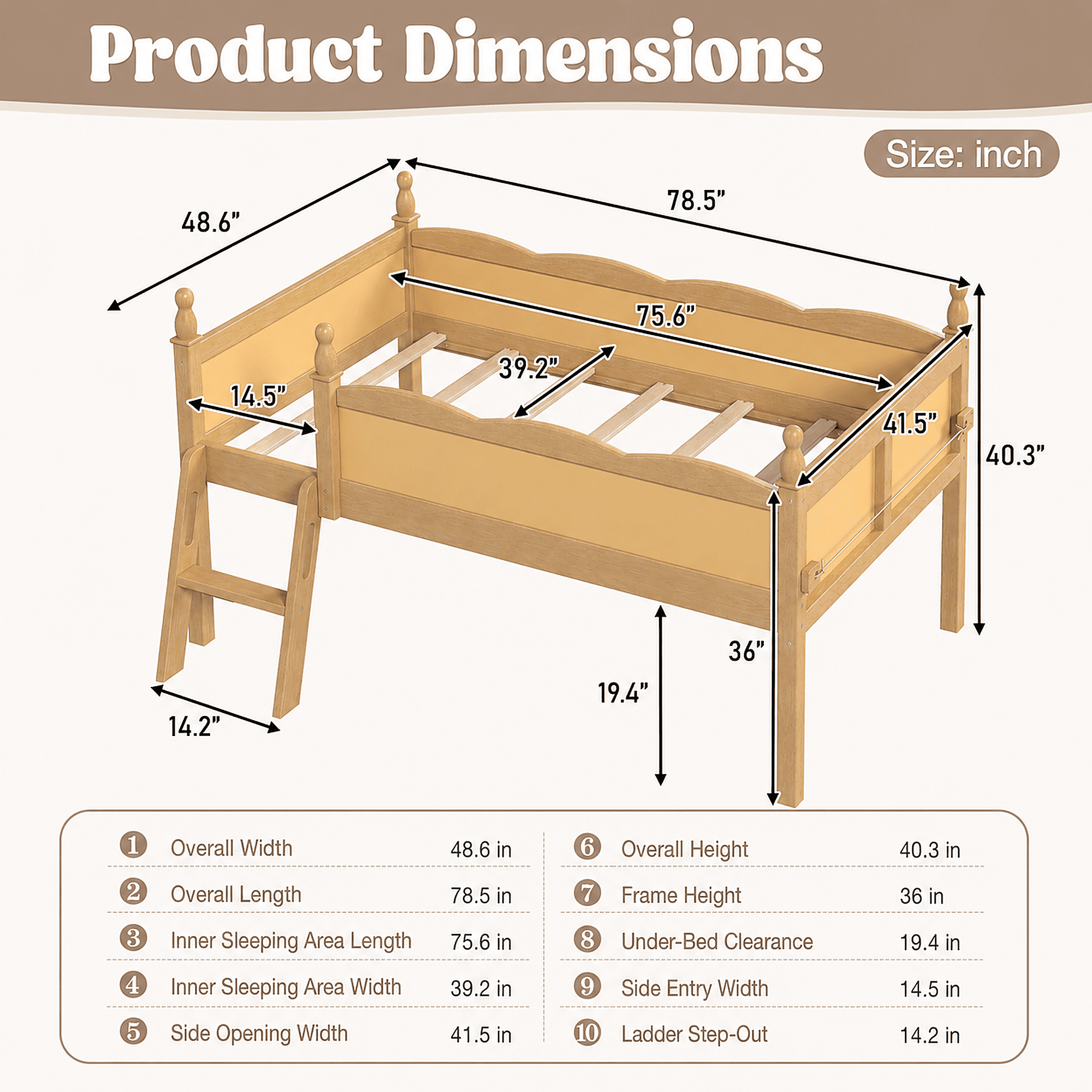 Miniyam Twin Low Loft Bed with Bookshelf and Guardrails, Wood Kids Bed for Bedroom, Natural