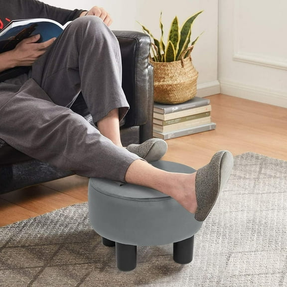 Velvet Round Foot Rest Stool, Small Low Ottoman for Office, Living Room, Dark Gray