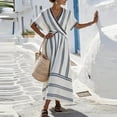 thumbnail image 4 of YUGYXL Women Striped Short Sleeve V Neck Midi Dress Retro Patchwork A-Line Casual Wrap Waist Dresses Beach Going Out Outfits Light Blue XL, 4 of 6