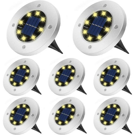 Morttic Solar Ground Lights, 8 Packs 8 LED Solar Garden Lamp Disk Lights Waterproof In-Ground Outdoor Landscape Lighting for Patio Pathway Lawn Yard Deck Driveway Walkway (White Light)