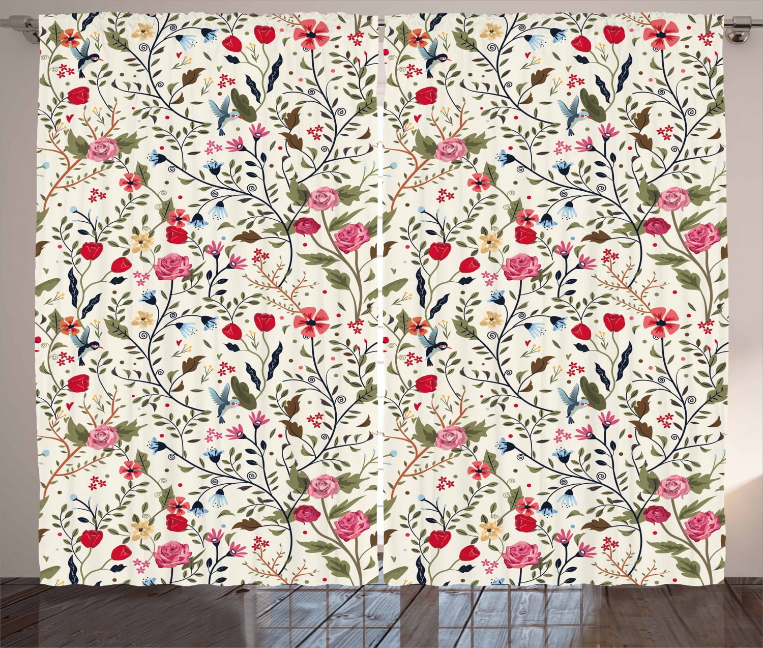 Floral Curtains 2 Panels Set, Vibrant Colored Complex Image Birds with