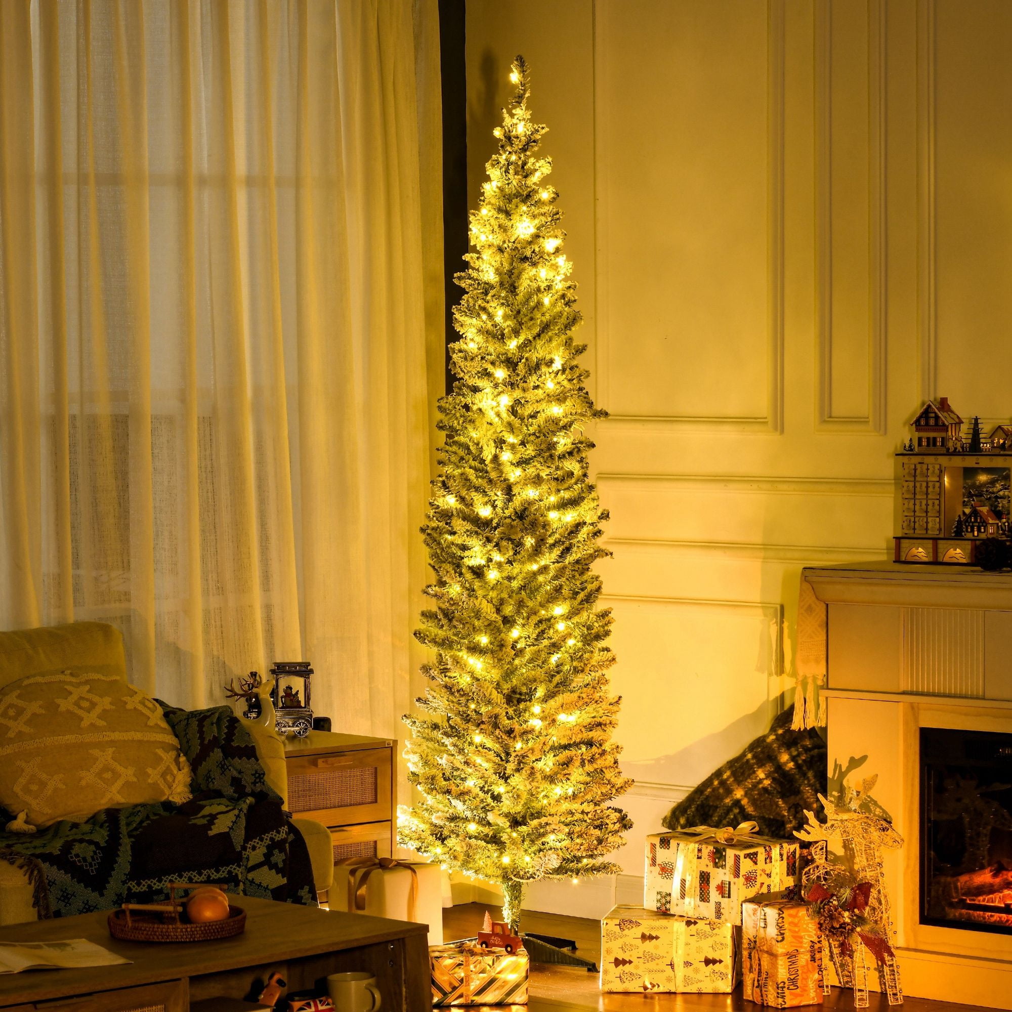 7 ft Pencil Christmas Tree with Warm White LED Lights, Slim Artificial Holiday Tree for Small Spaces, 499 Tips, Indoor Use