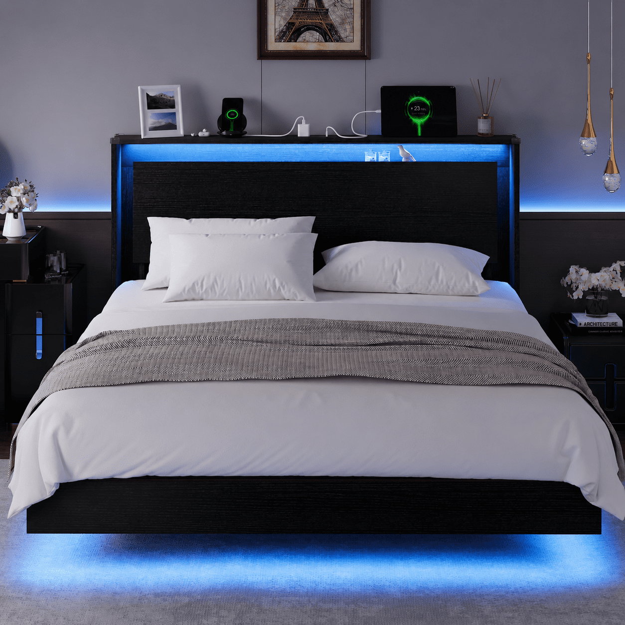 Einhomn Full Size Floating Bed Frame with  LED Lights & Charging Station,Wood Platform Bed Frame with Storage Headboard,Noise Free,No Box Spring Needed,Easy to Assemble-Black