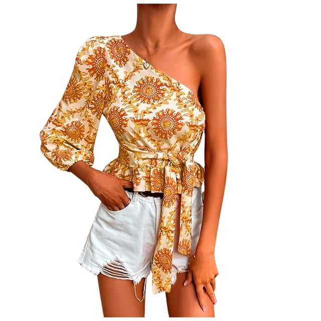 Birdeem Womens Fashion Skew Collar Three Quarter Sleeve Backless Print Blouse Tops