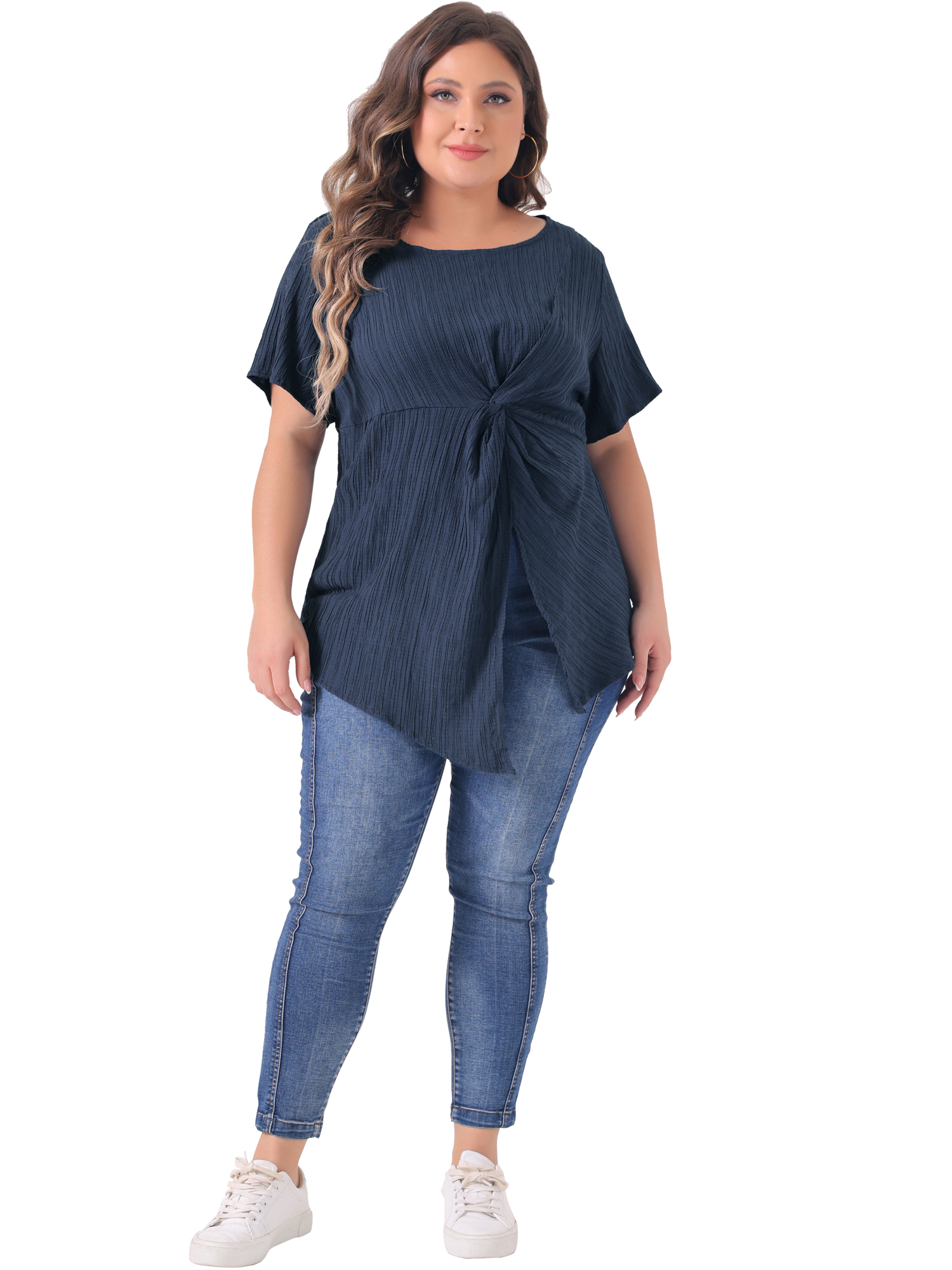 DARING DIVA Women's Plus Round Neck Asymmetrical Hem Twist Knot Top 4X Dark Blue