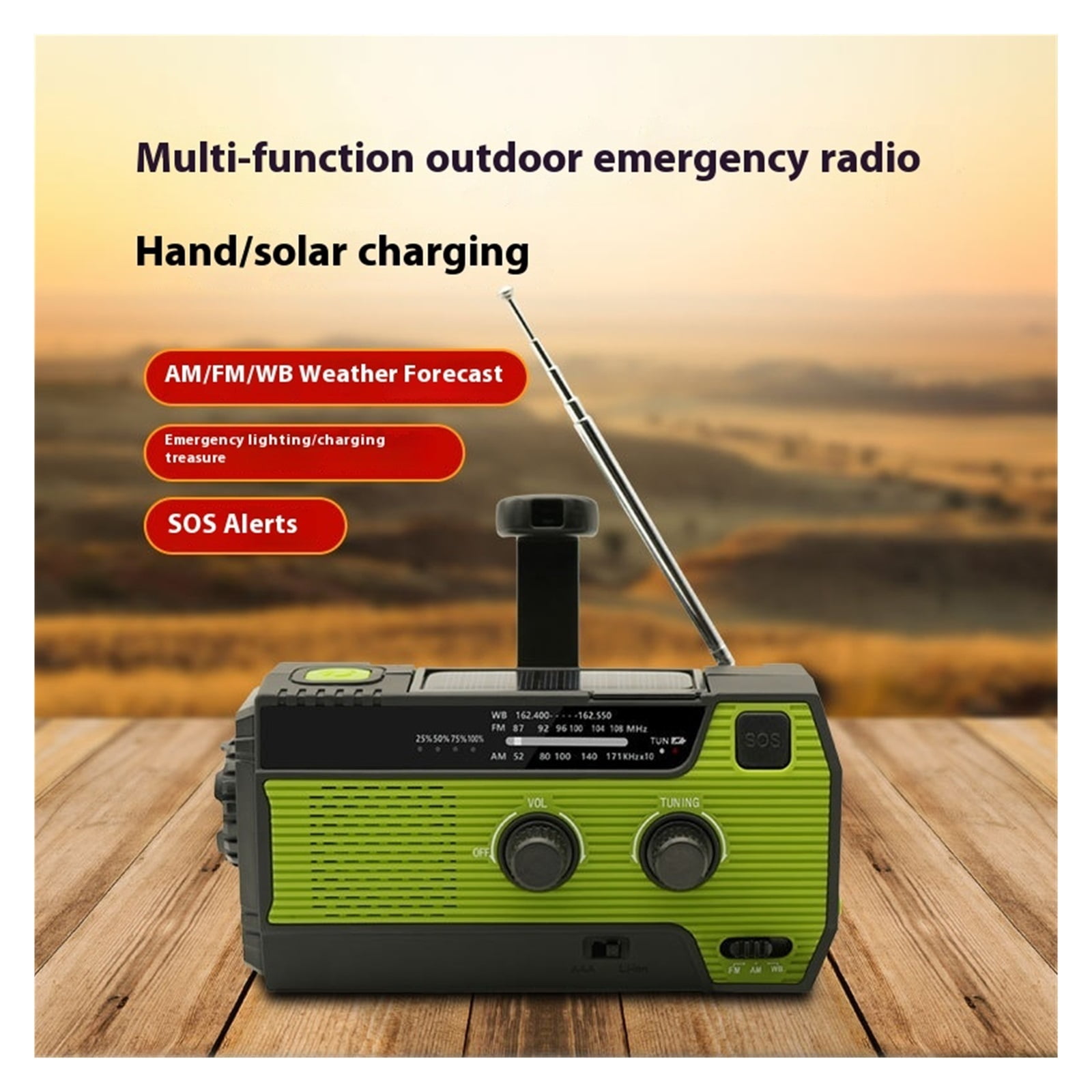 FM Radio Weather Receiver 4000mAh Multifunctional Solar Hand Crank Radio USB Charging Emergency Radio LED Flashlight Power Ban