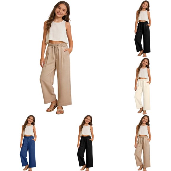 MuXiKeJi Clothes Girls Pants Linen Wide Leg Elastic Waist Drawstring Pant Casual Loose Fit Trousers with Pockets for Kids 8-9 Years