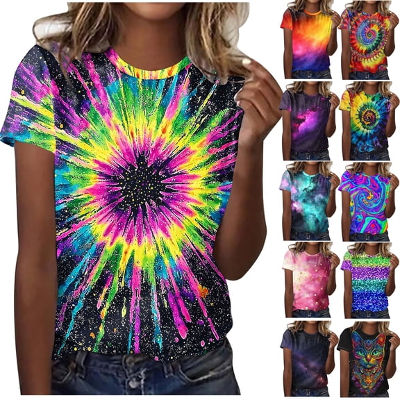 Feancey Mardi Gras Short Sleeve Tops for Women Trendy Tie Dye Print Tshirts Holiday Casual Round Neck Blouse New Orleans Carnival Party T-Shirt Yellow 3XL