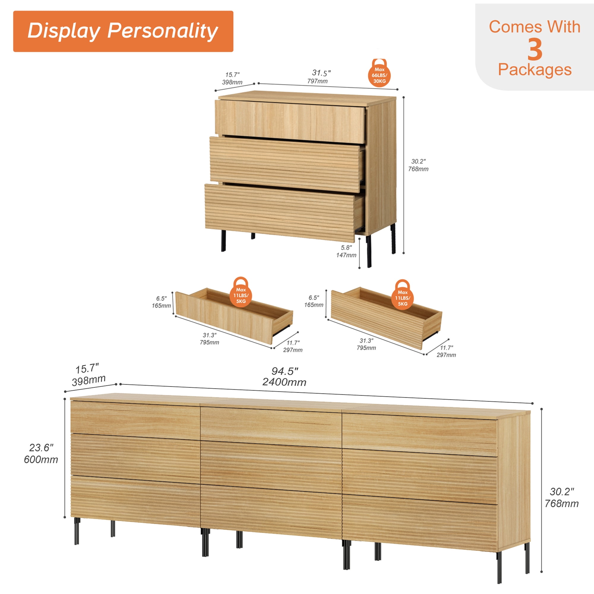 Modern 9 Drawer Dresser TV Stand for TVs up to 100 Inch, Reeded Entertainment Center, Wood TV Console with Storage for Living Room